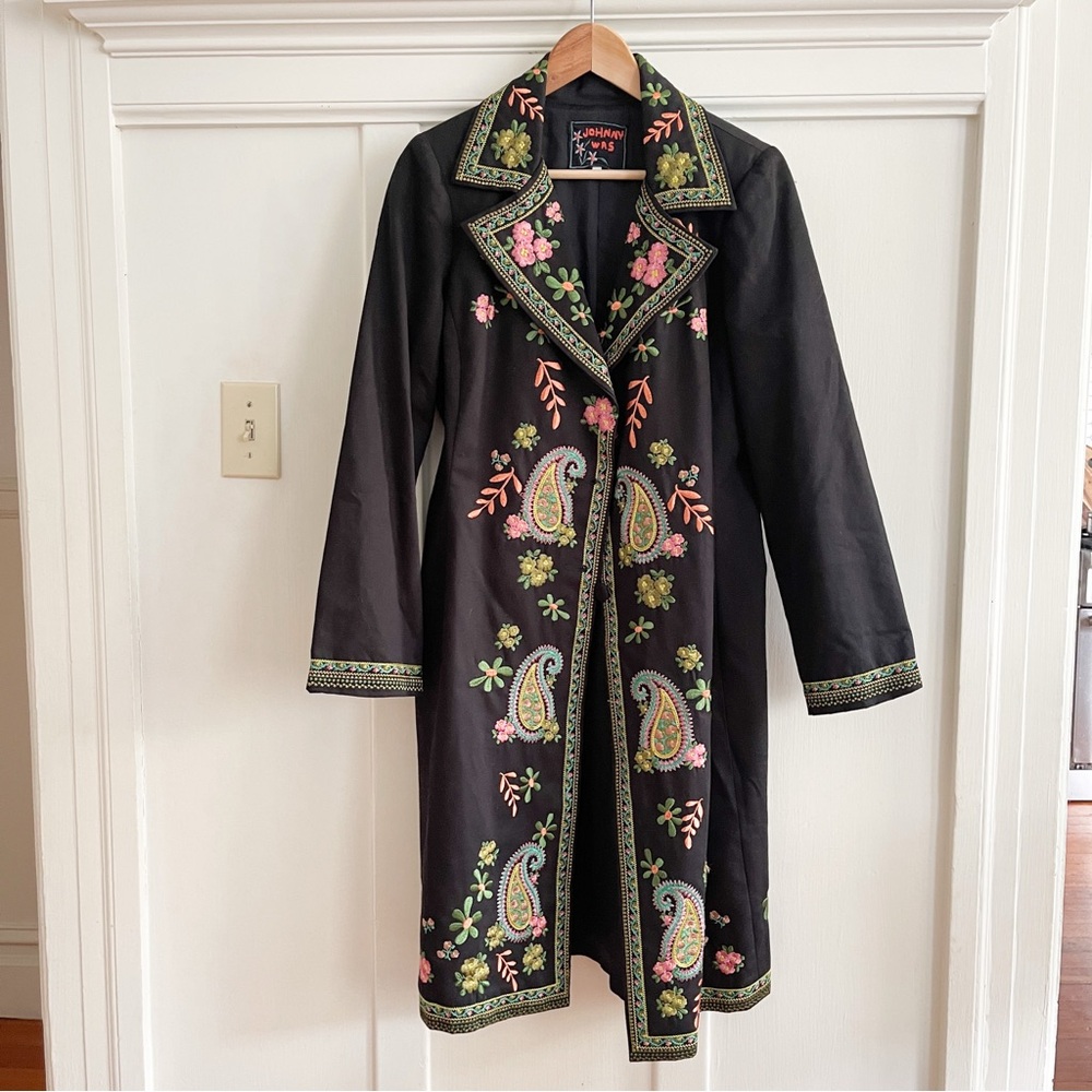 Johnny Was Embroidered Trench Coat Large Black Paisley Floral